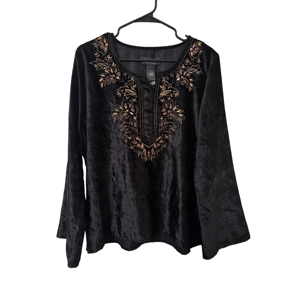 Y2K Studio by Liz Claiborne Black Velvet Embroidered Tunic Bell Sleeve Top XL